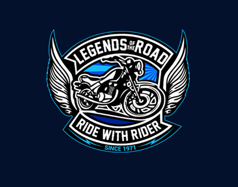 Legends of the road logo. A drawing of a motorcycle in a seal that says "Legends of the Road. Ride with Rider."